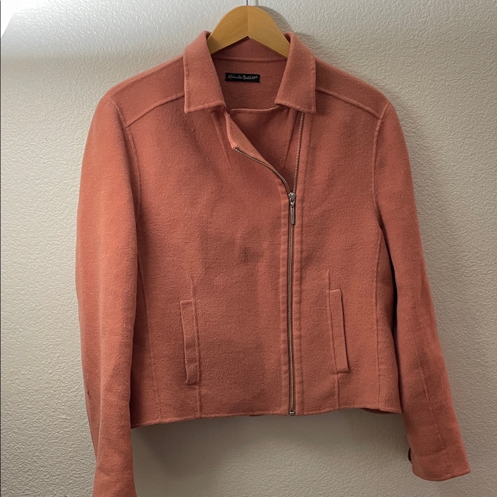 Alexandra Bartlett Coral peach Teddy short Jacket zipper biker 100% wool
